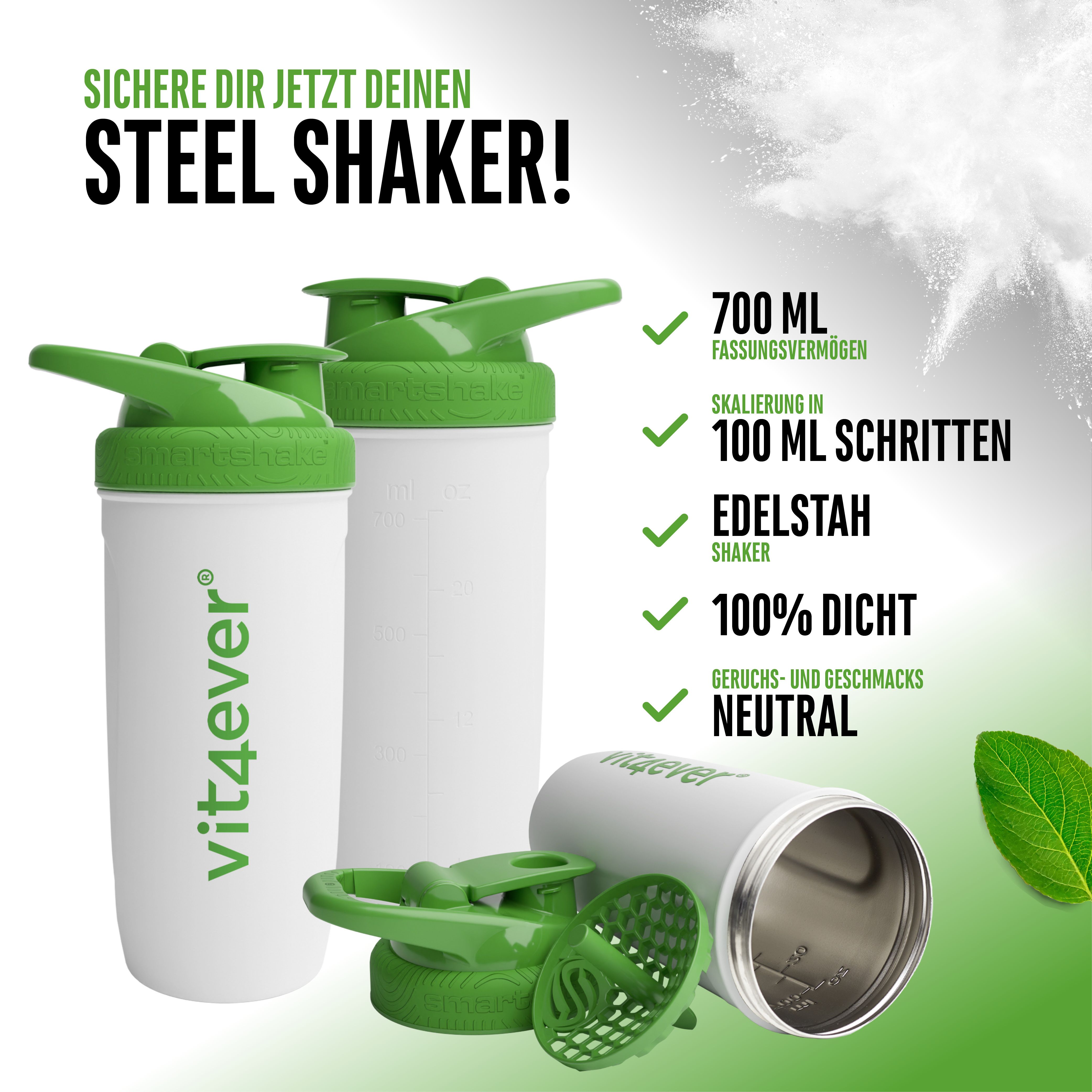 Zwei Shaker mit grünem Deckel, zerlegter Shaker. Text: 700 ml Fassungsvermögen. Text: Edelstahl Shaker.