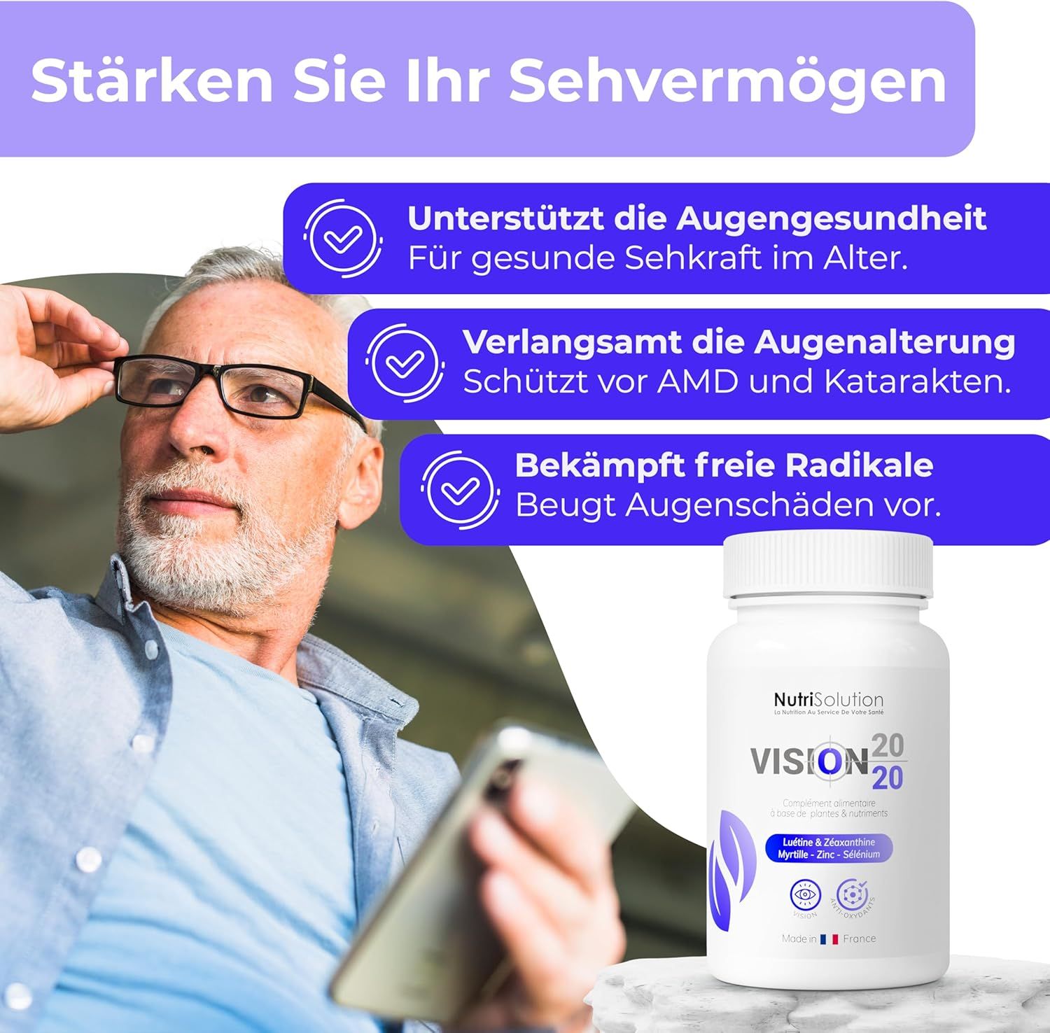 NutriSolution Vision 20/20 Dose neben einem Mann, der seine Brille richtet. Unterstützt die Augengesundheit.