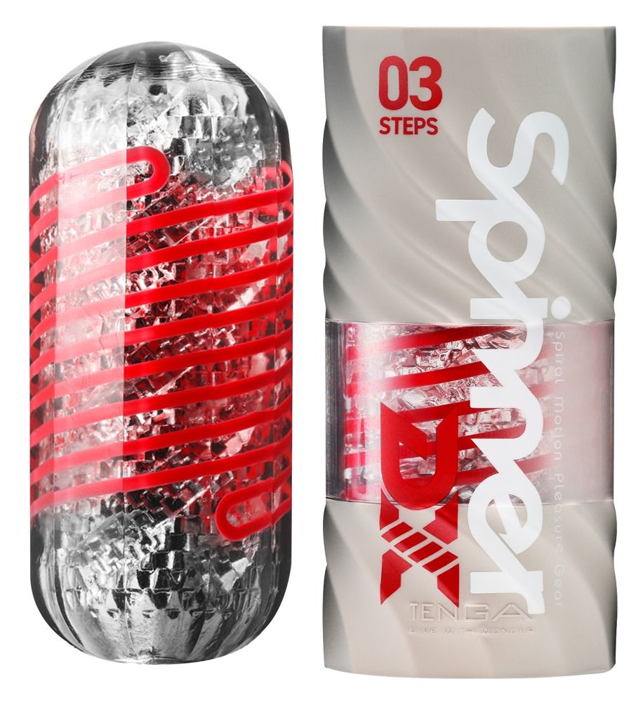 TENGA Spinner Deluxe Masturbator in silberner Hülle mit roten Spiralen und Verpackung.