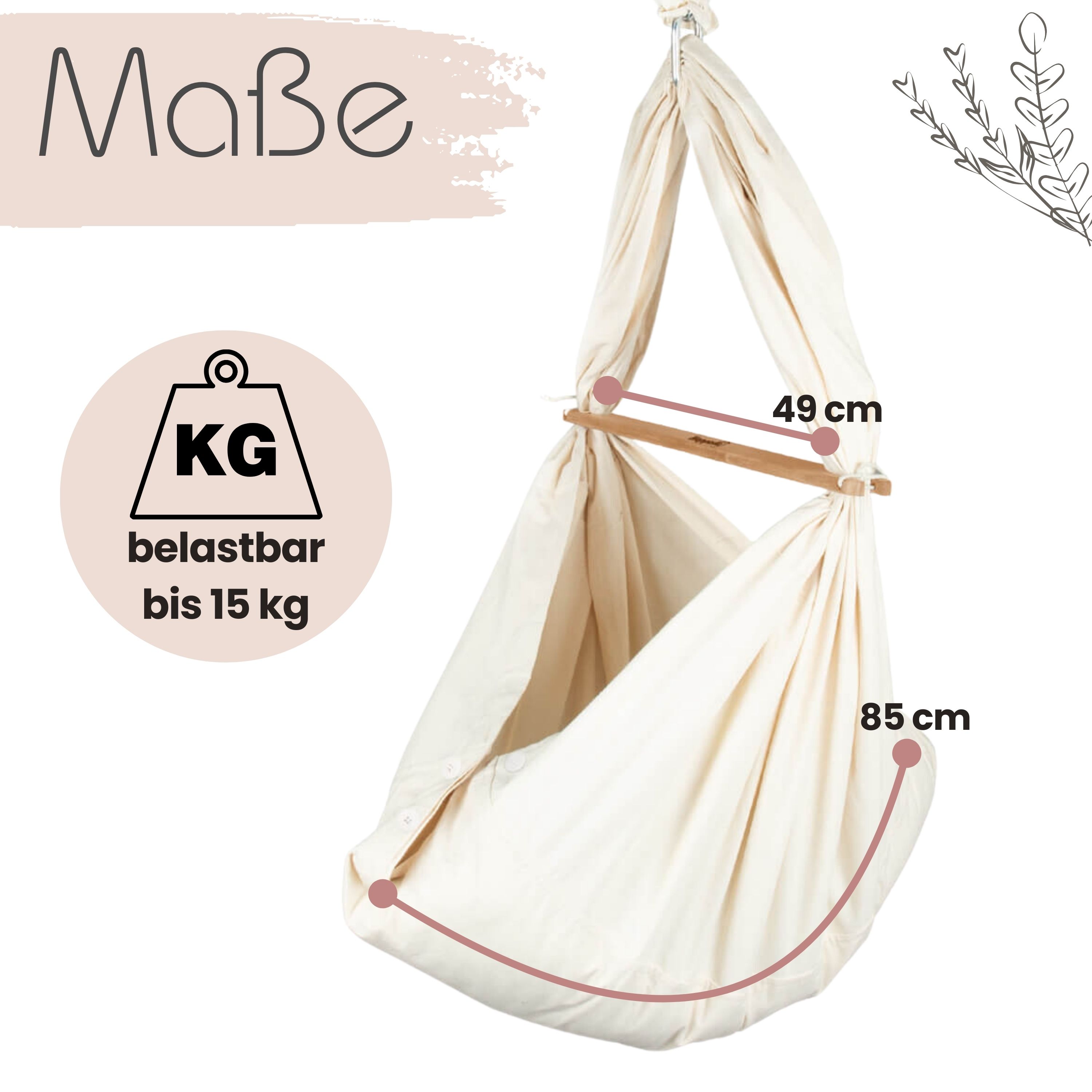 Federwiege, cremefarben, mit Holzstange. Maße: 49 cm breit, 85 cm lang. Belastbar bis 15 kg.