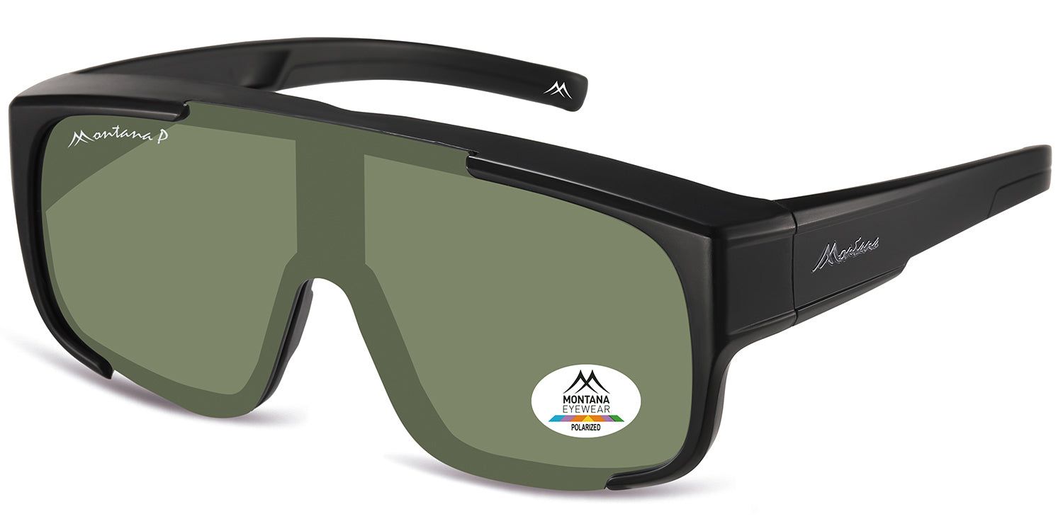 Schwarze Sonnen-Überbrille mit grünen Gläsern. Montana Eyewear Logo und Polarized-Aufkleber. Seitenansicht.