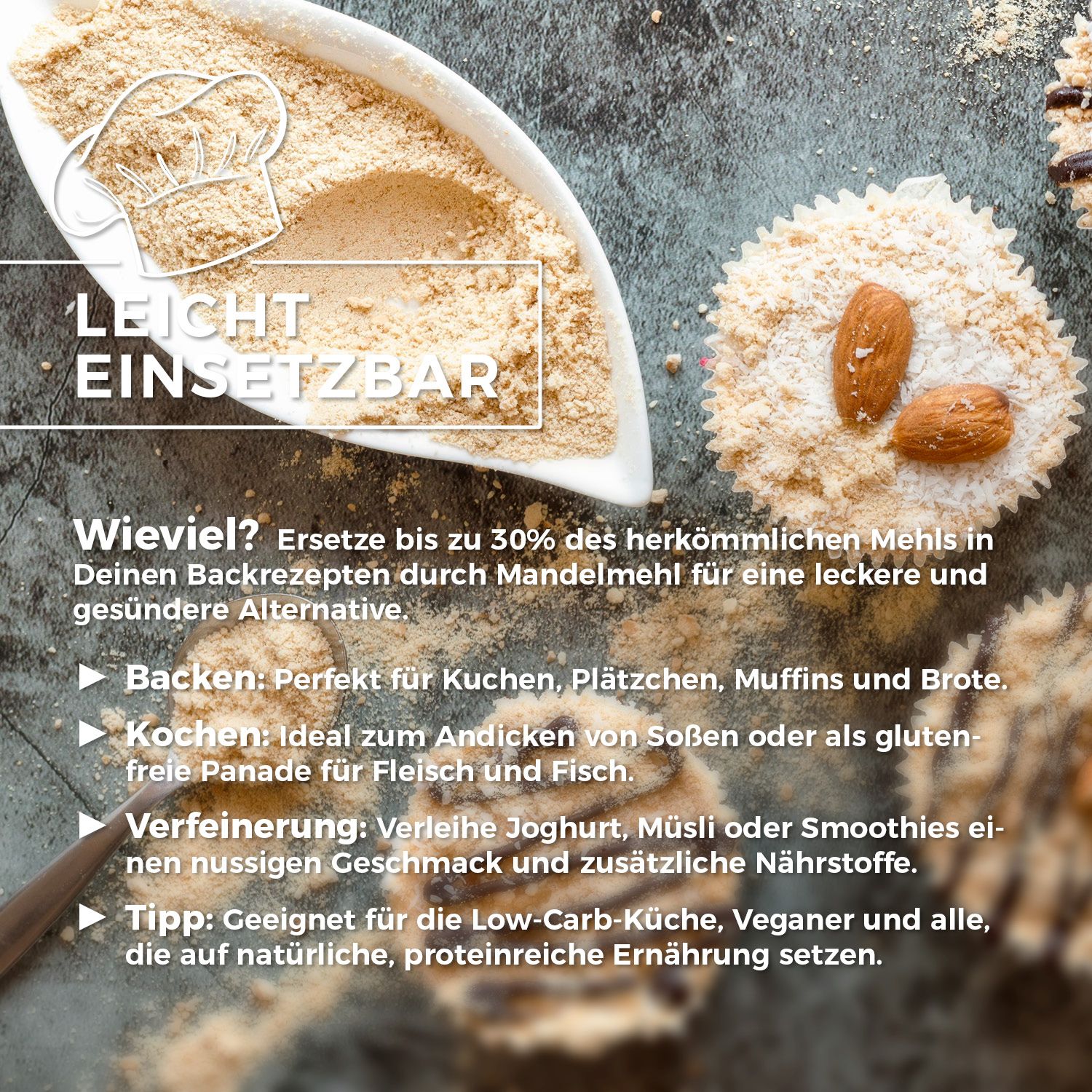 Nahaufnahme von Mandelmehl und Cupcakes. Text: Leicht einsetzbar. Tipps zur Verwendung. Mandelmehl in Schale und auf Cupcakes.