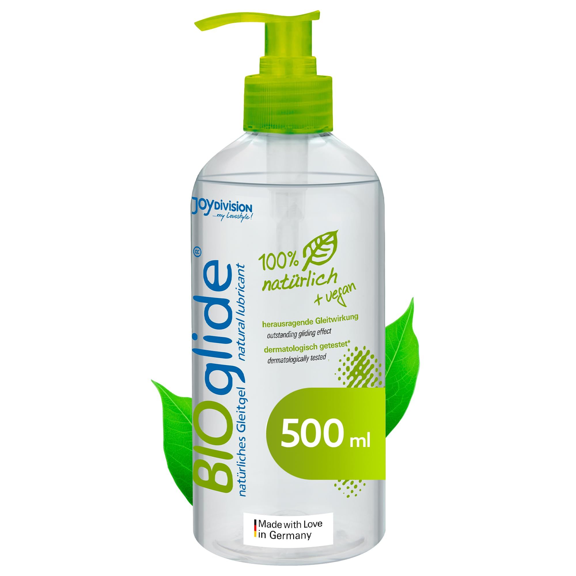 BIOglide Gleitgel in durchsichtiger Flasche mit grünem Pumpspender. 500ml.