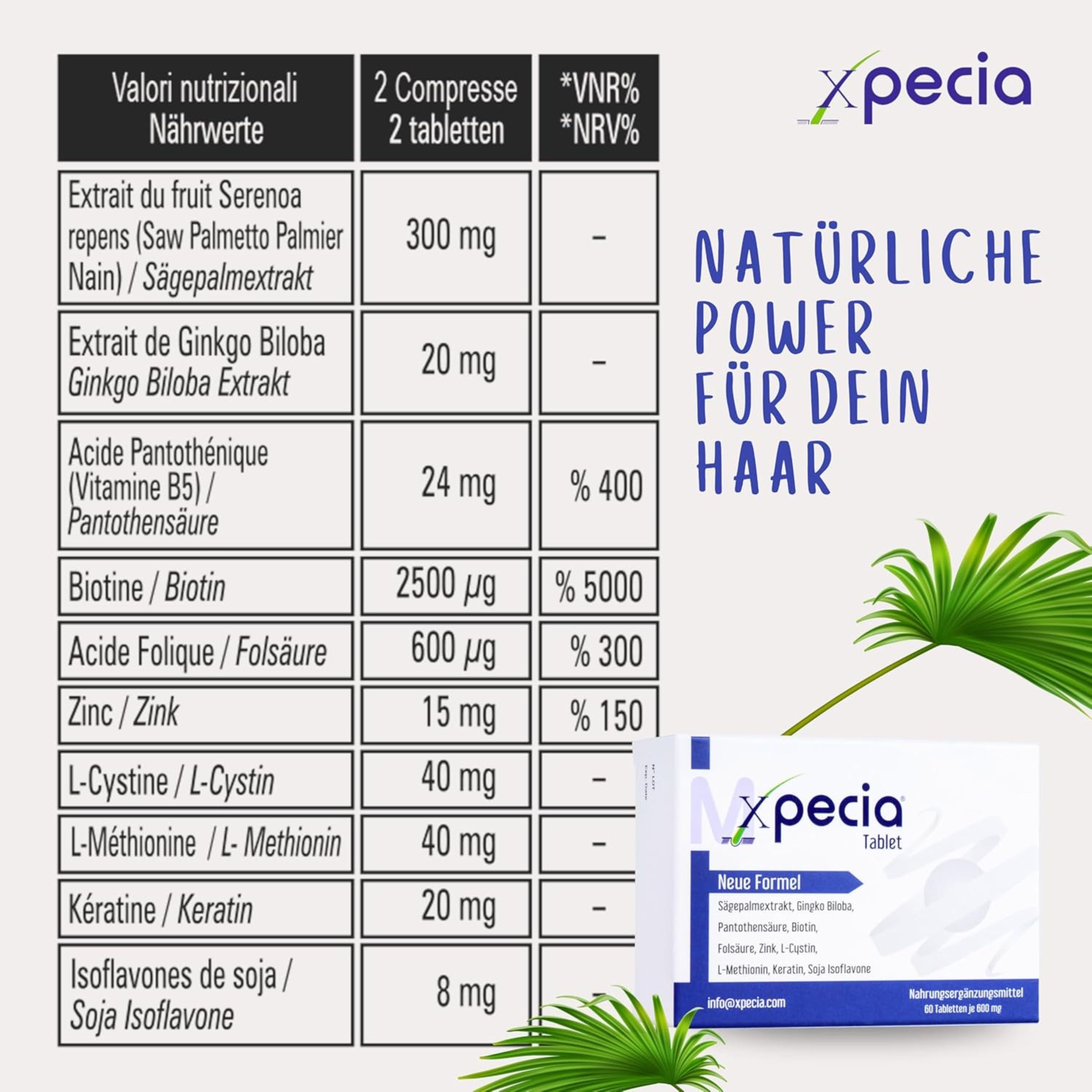 Nährwerttabelle. Inhaltsstoffe: Sägepalmenextrakt, Ginkgo Biloba, Biotin, Zink, L-Cystin, etc. Xpecia-Tabletten.