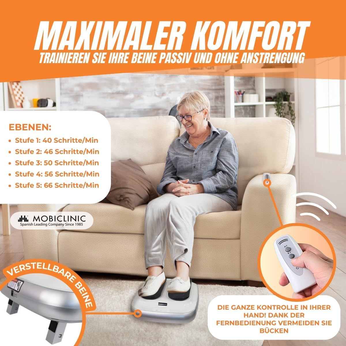 Vibrationsplatte mit zwei schwarzen Trittflächen, Fernbedienung und Maßangaben.