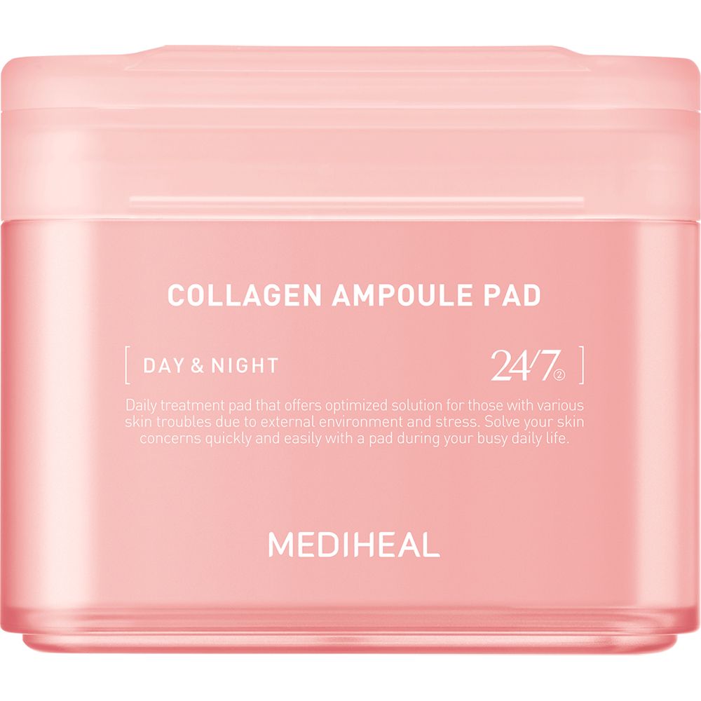 Rosa Dose mit MEDIHEAL Collagen Ampoule Pad. Text: Collagen Ampoule Pad, Day & Night, 24/7. Produktbeschreibung.