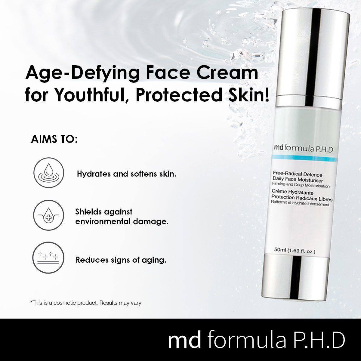 Produktflasche neben Text. Text: Age-Defying Face Cream. Flasche: MD formula P.H.D Free-Radical Defence Daily Face Moisturiser.