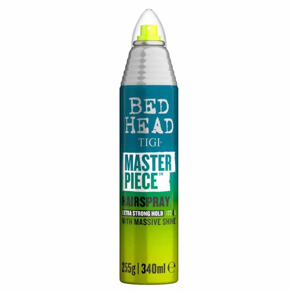 Tigi Bed Head Masterpiece Haarspray. Blaue, grüne Dose mit silbernem Sprühkopf. Text: Masterpiece, Extra Strong Hold. 255g/340ml.