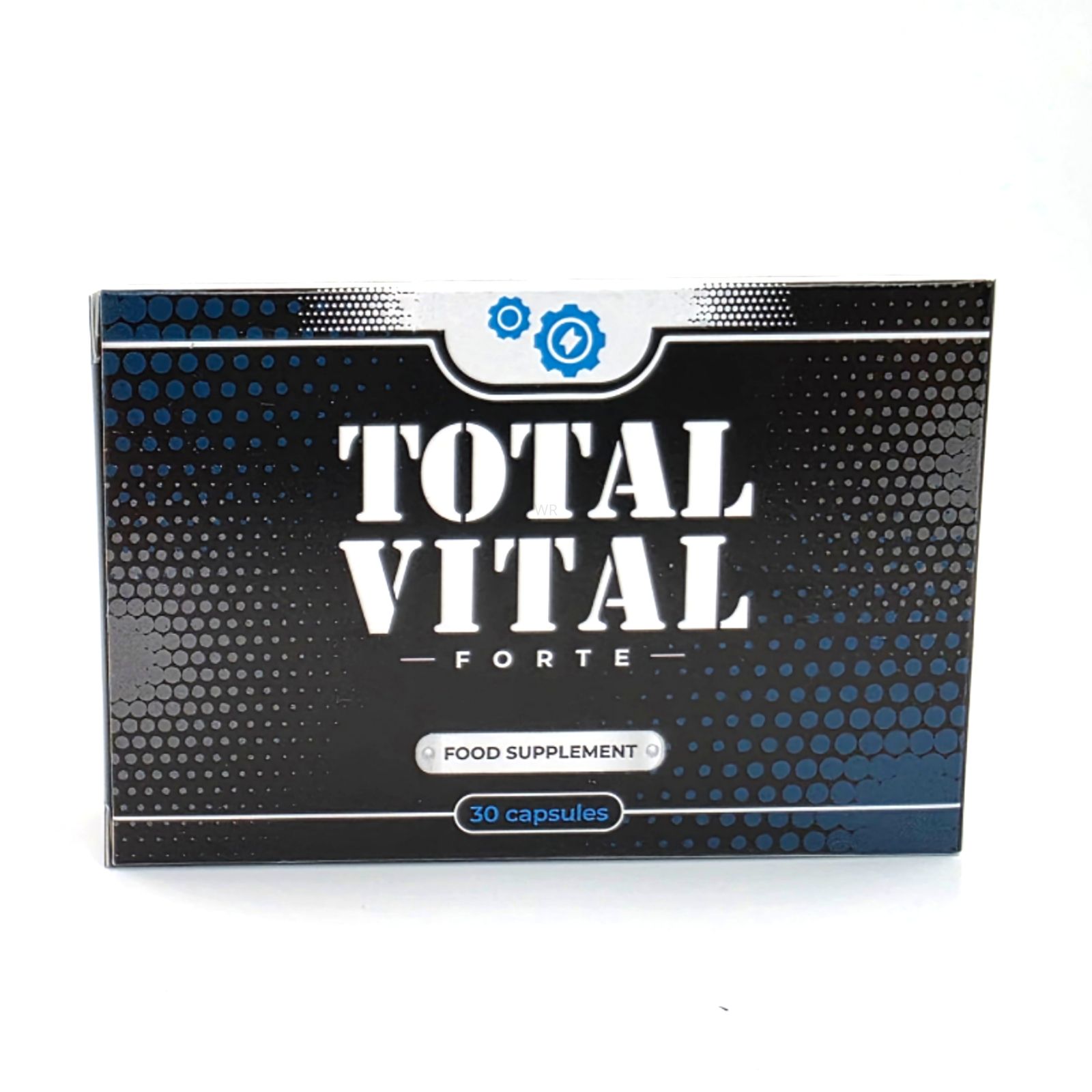 Schwarze Schachtel mit weißem "TOTAL VITAL FORTE"-Schriftzug. Enthält 30 Kapseln. Blaue und weiße Details.