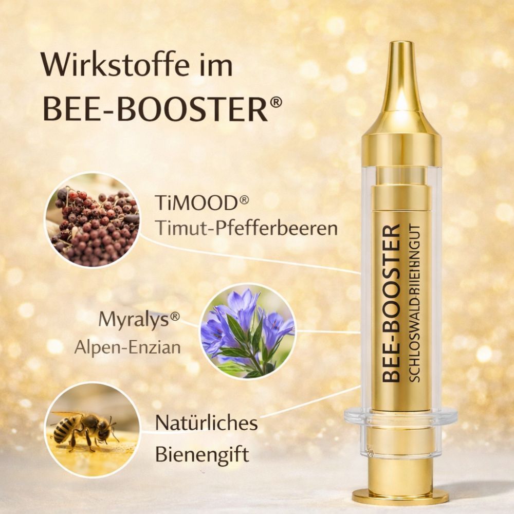 Goldfarbene Spritze mit Text BEE-BOOSTER® und Schloßwald-Bienengut®. Abbildungen von Zutaten: Beeren, Enzian, Biene.