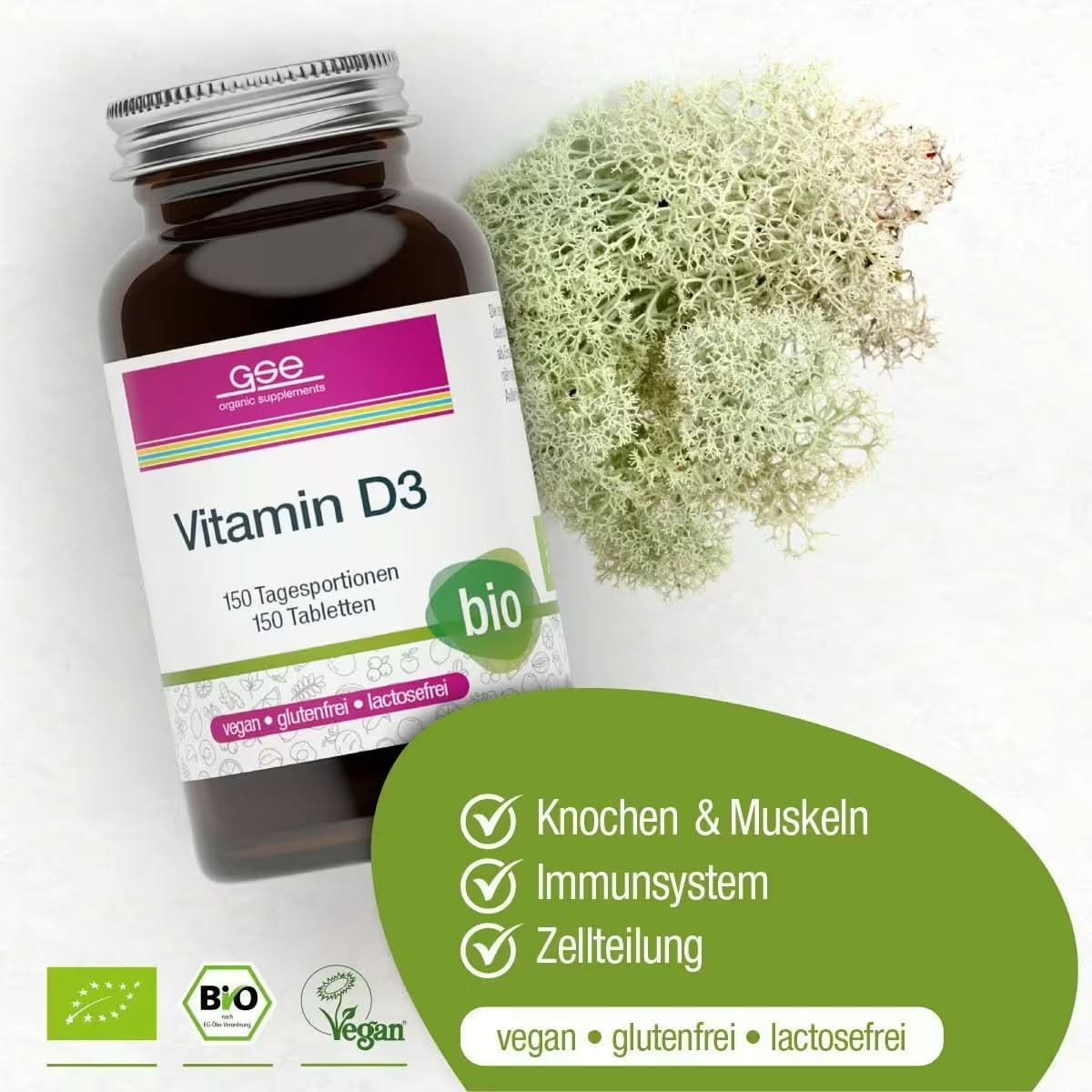 Braune Glasflasche mit Vitamin D3. Aufschrift: Vitamin D3, 150 Tabletten, bio. Marke: gse. Bio-Siegel, vegan.