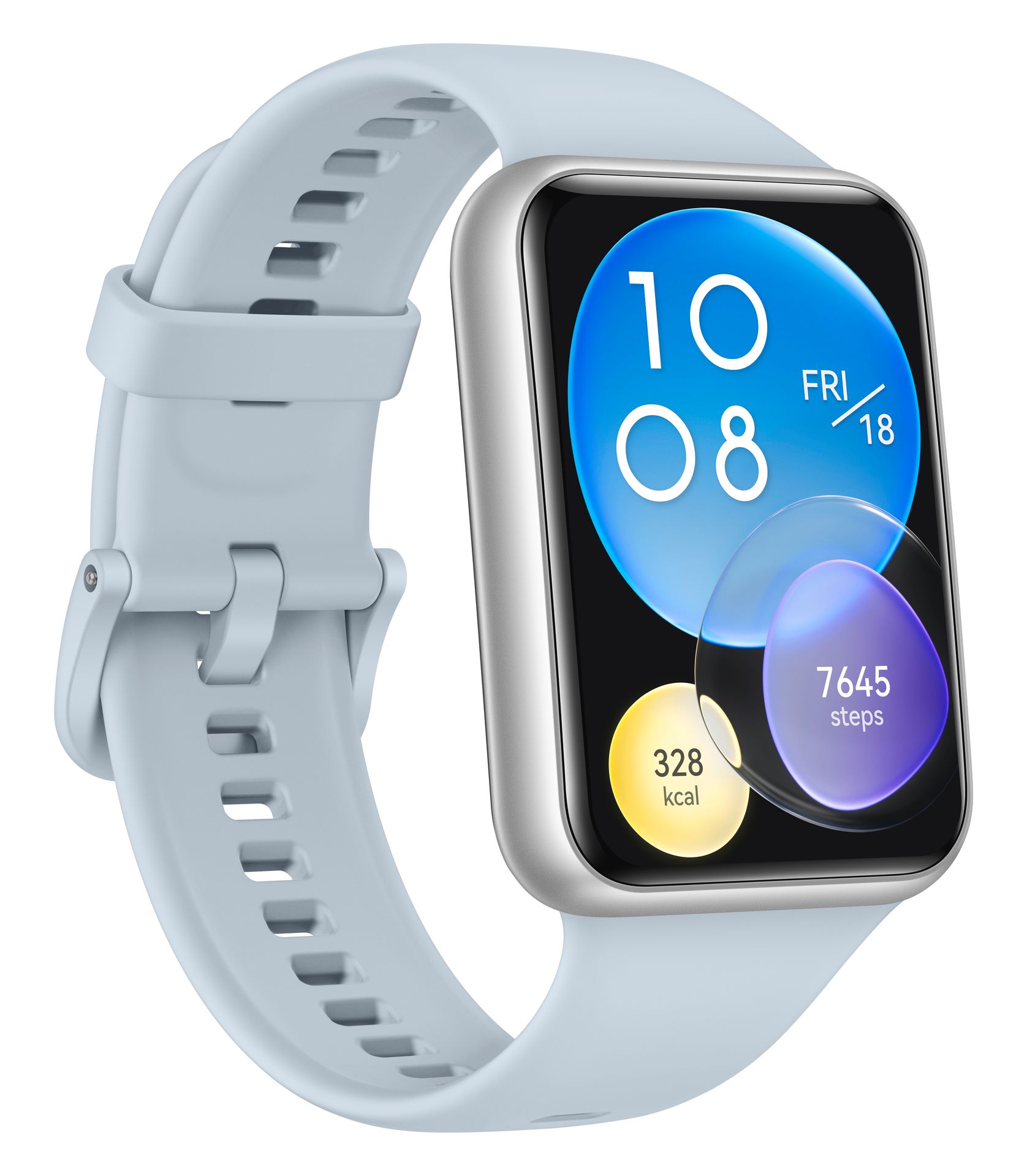 Hellblaue Smartwatch mit rechteckigem Display. Zeigt Uhrzeit, Datum, Kalorien und Schritte an. Silbern umrandet, hellblaues Armband.