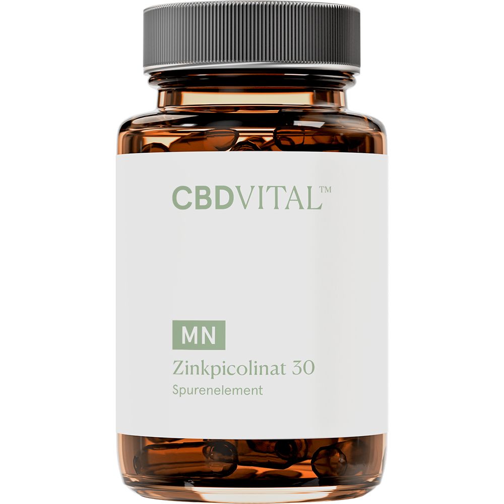 Braune Glasflasche mit Kapseln. Weißes Etikett mit CBD VITAL, Zinkpicolinat 30. Schwarzer Schraubverschluss.