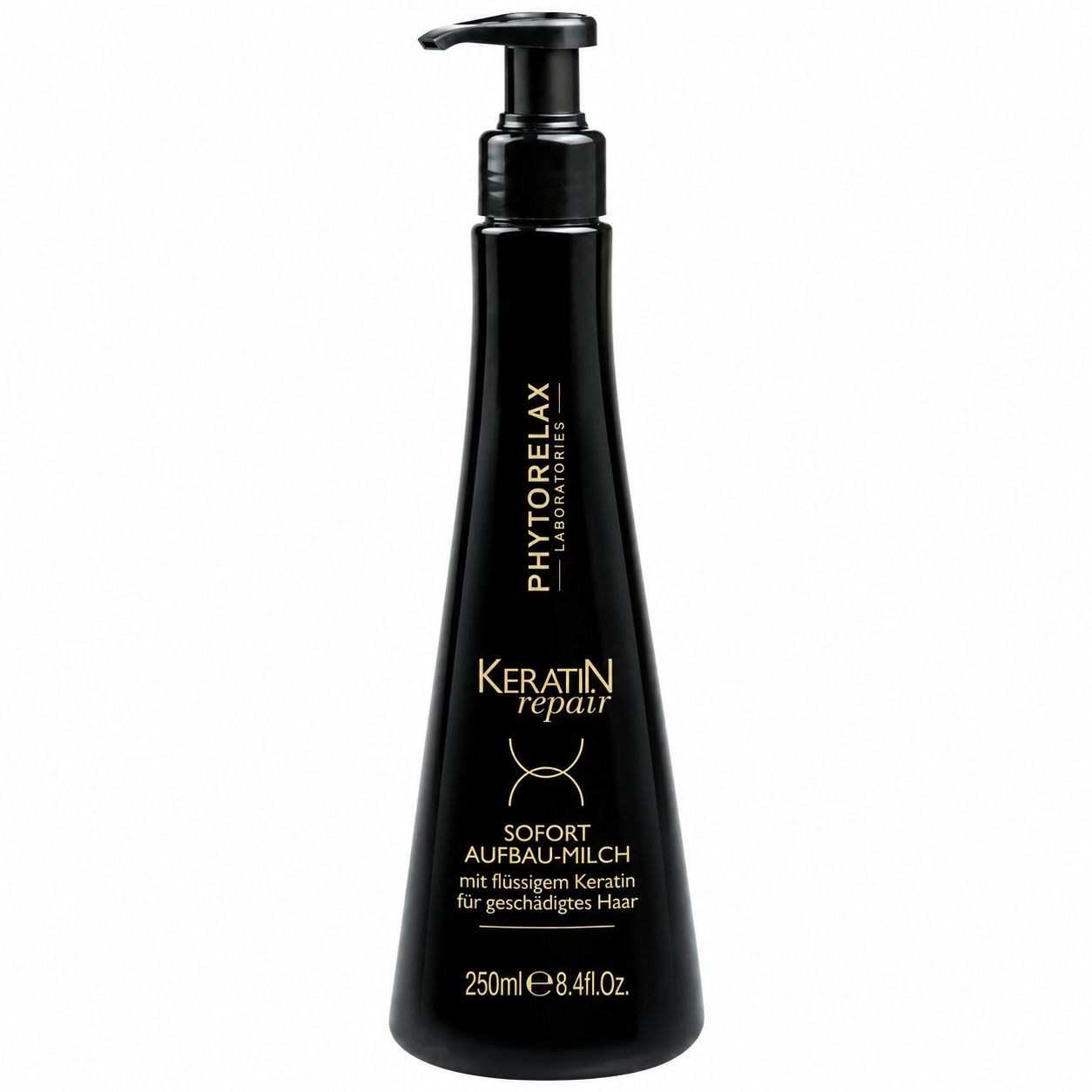 Schwarze Pumpflasche mit Phyto Relax Keratin Repair Sofort Aufbau-Milch, 250ml.