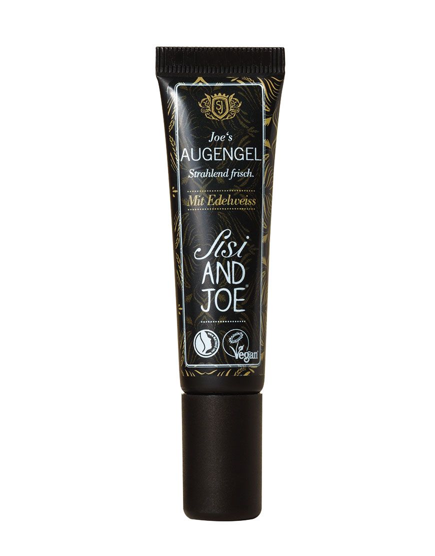 Tube Eye Gel mit Edelweiß. Schwarze Tube mit goldfarbenem Muster und Schriftzug.