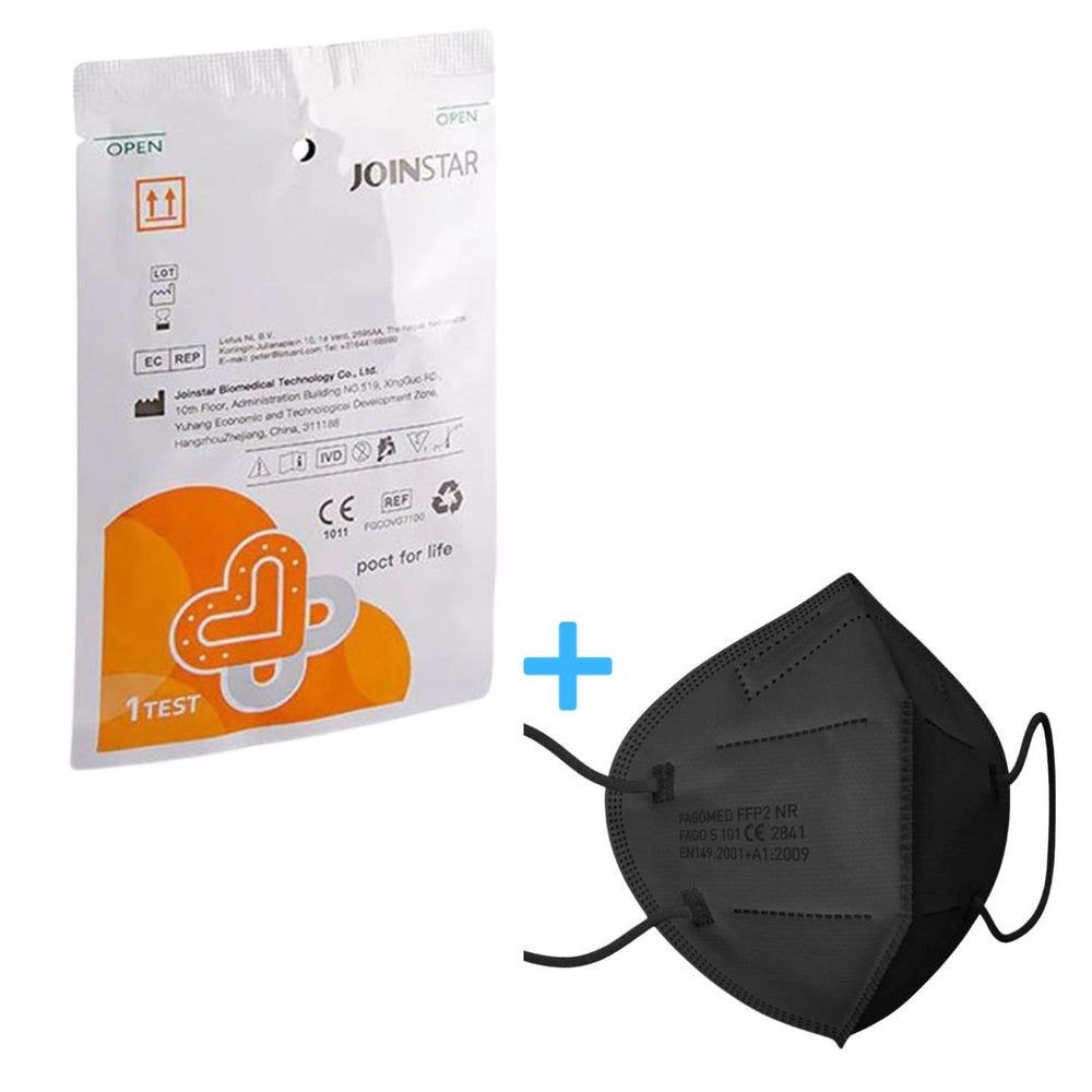 Verpackung mit COVID-19 Antigen Schnelltest und schwarze FFP2 Maske. Beide Produkte sind einzeln verpackt.