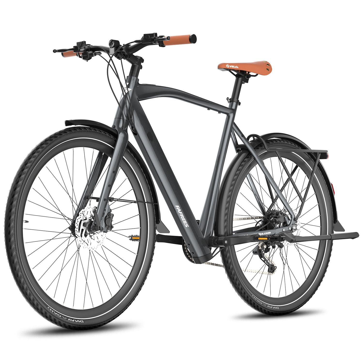 Graues E-Bike mit braunem Sattel und orangefarbenen Griffen. Schwarze Reifen, Schutzbleche. FAFREES-Logo.
