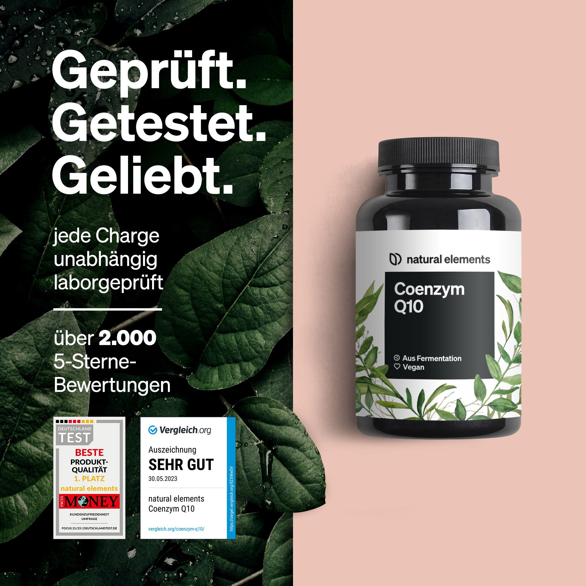 Schwarze Flasche mit weißem Etikett. Text: Coenzym Q10, natural elements. Vegan. Aus Fermentation. 5-Sterne-Bewertungen.