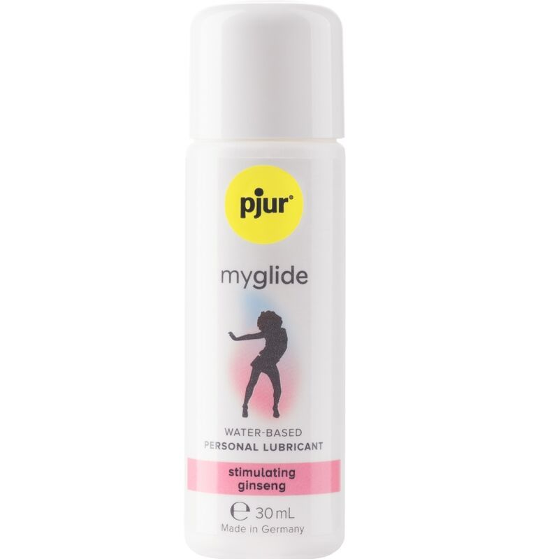 Weiße Flasche mit gelbem Etikett. Aufschrift: pjur myglide, Wasserbasiertes Gleitmittel, Ginseng. Made in Germany.