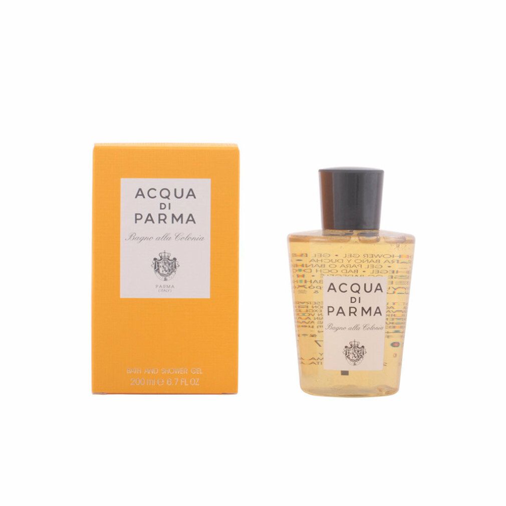 Gelbe Schachtel und Flasche. Aufschrift: Acqua di Parma Bagno alla Colonia. Schwarzer Verschluss.