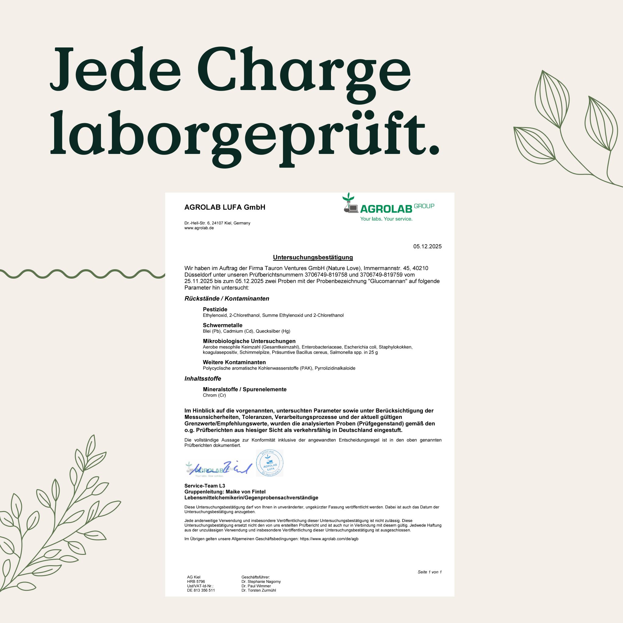 Laborbericht von Agrolab zur Prüfung von NATURE LOVE Glucomannan Kapseln.