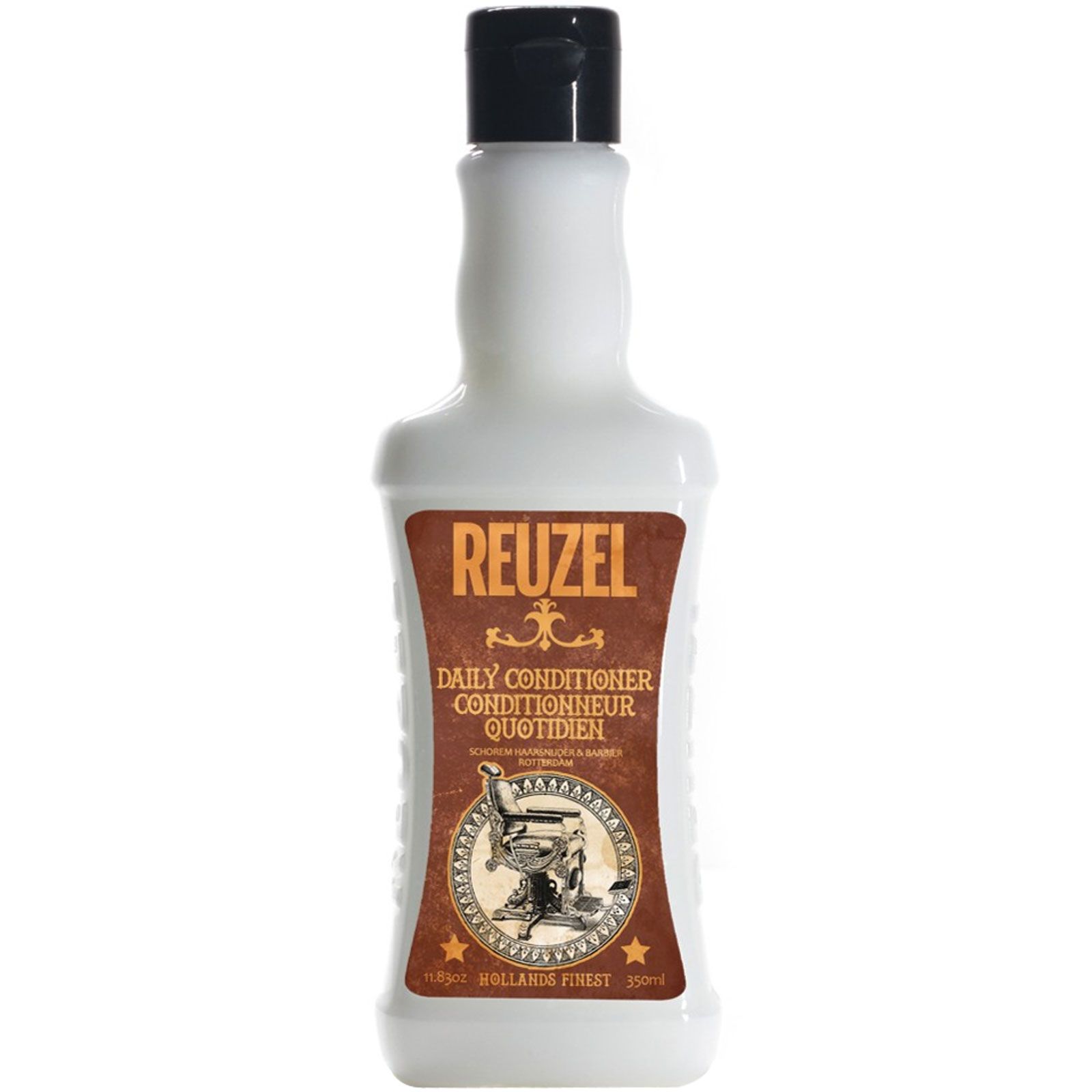 Reuzel tägliche Spülung in weißer Flasche mit braunem Etikett und schwarzem Deckel.