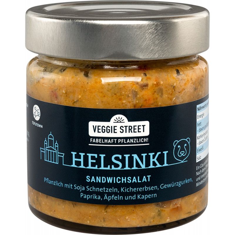 Glas mit Helsinki Sandwichsalat. Schwarzes Etikett mit weißer Schrift: Veggie Street, Helsinki, Sandwichsalat. Pflanzlich.