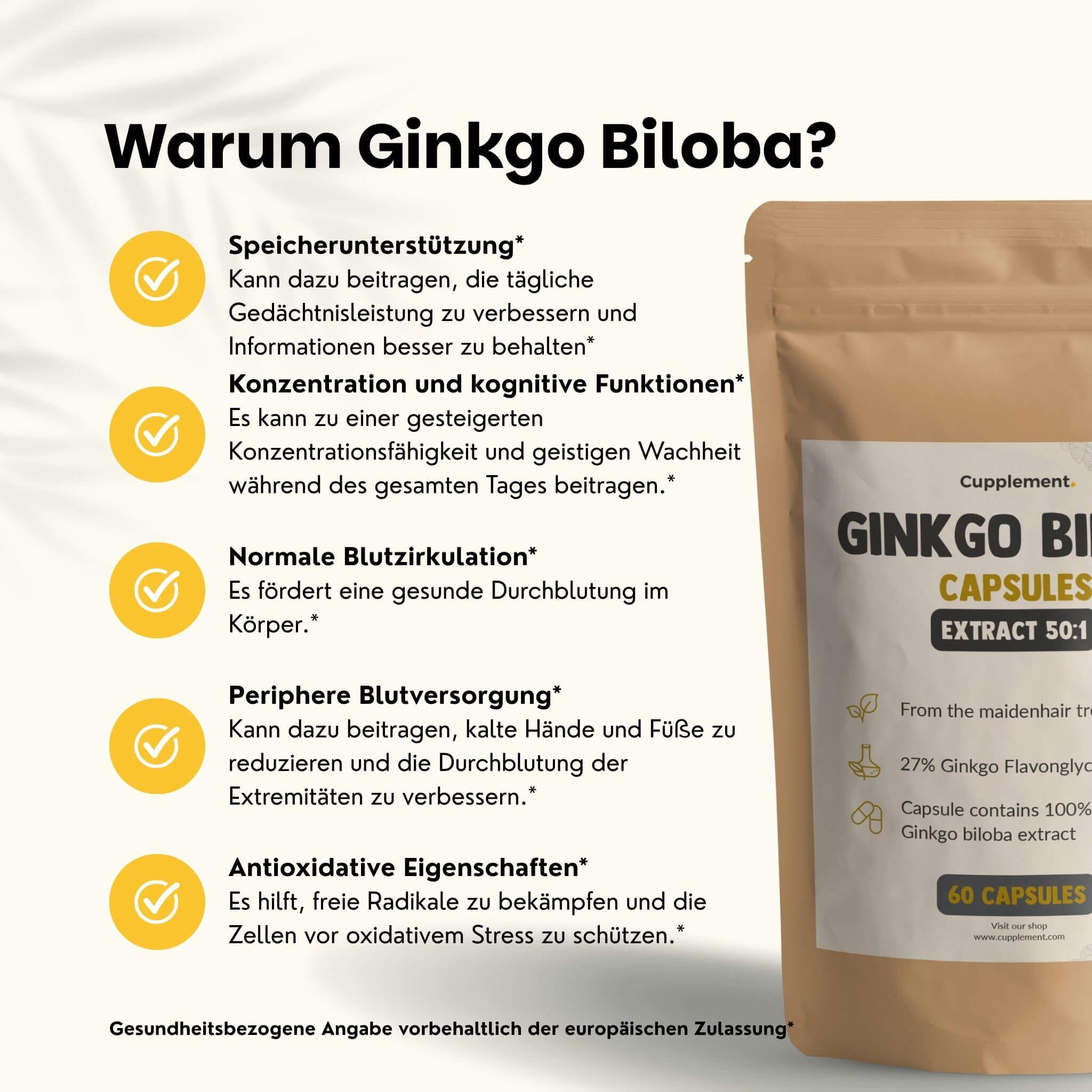 Beutel mit Ginkgo Biloba Kapseln. Text: Gedächtnisunterstützung, Konzentration, normale Blutzirkulation, etc.