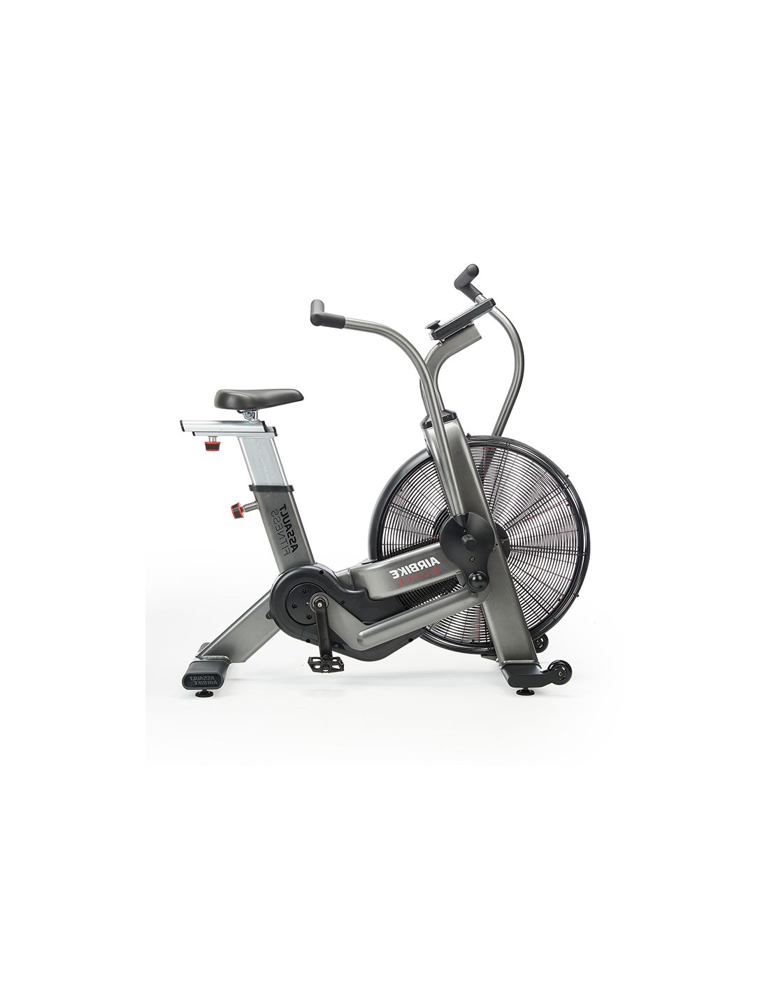 Fahrradtrainer mit Lüfterrad. Graue Metallkonstruktion. Schwarzer Sattel und Griffe. "AIRBIKE" Schriftzug. Seitenansicht.