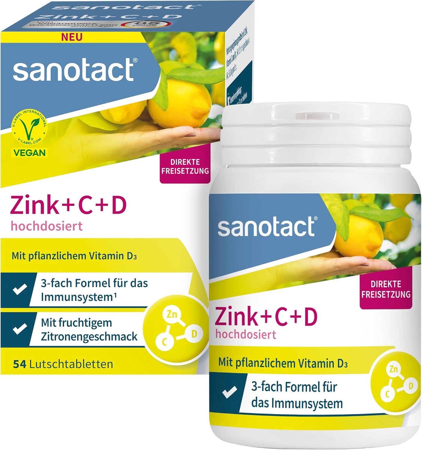 Zink+C+D hochdosiert Tabletten, sanotact. Weiße Flasche und Karton mit Produktinformationen und Zitronenabbildung. Vegan.