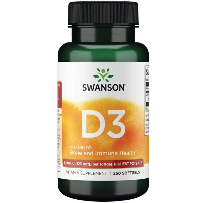 Grüne Flasche mit schwarzem Deckel. Aufschrift: SWANSON D3, Vitamin D3, 5.000 IE. 250 Softgels.