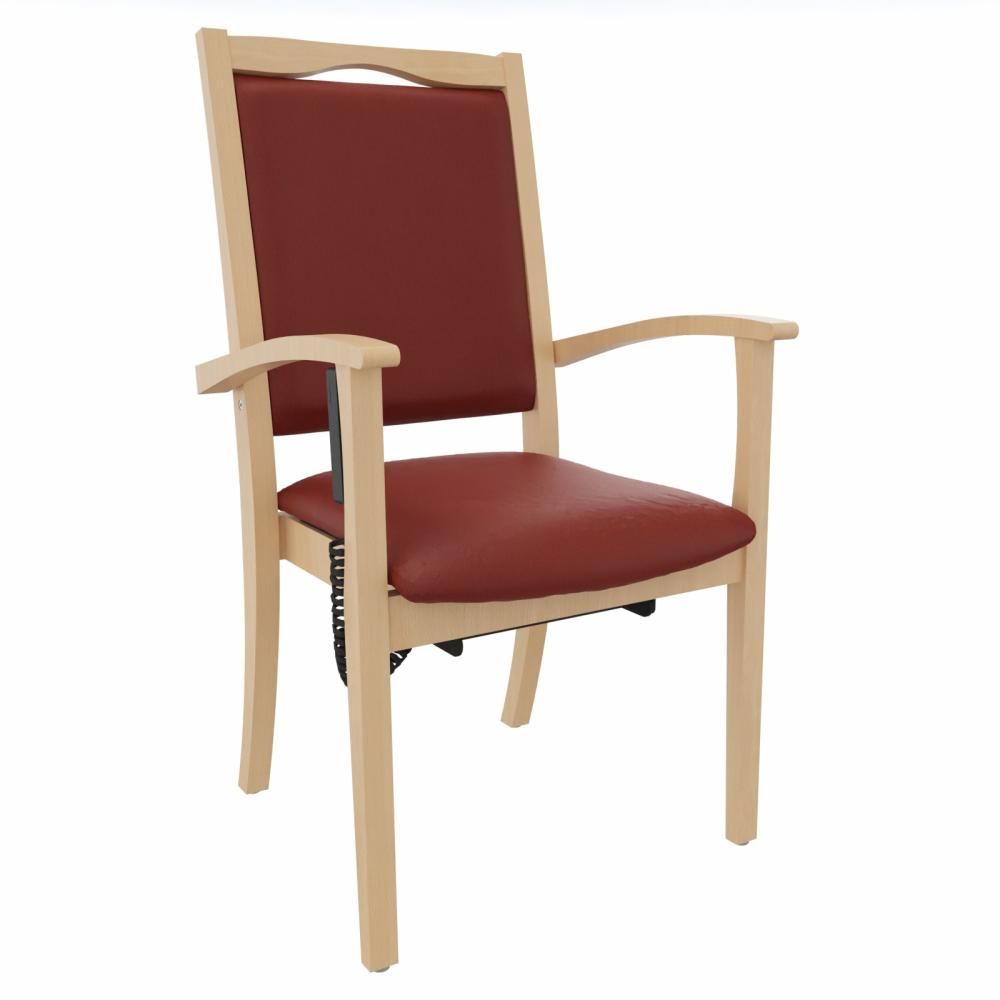 Stuhl mit Holzrahmen, rotem Sitz und Rückenlehne, Armlehnen. Aufstehhilfe integriert.