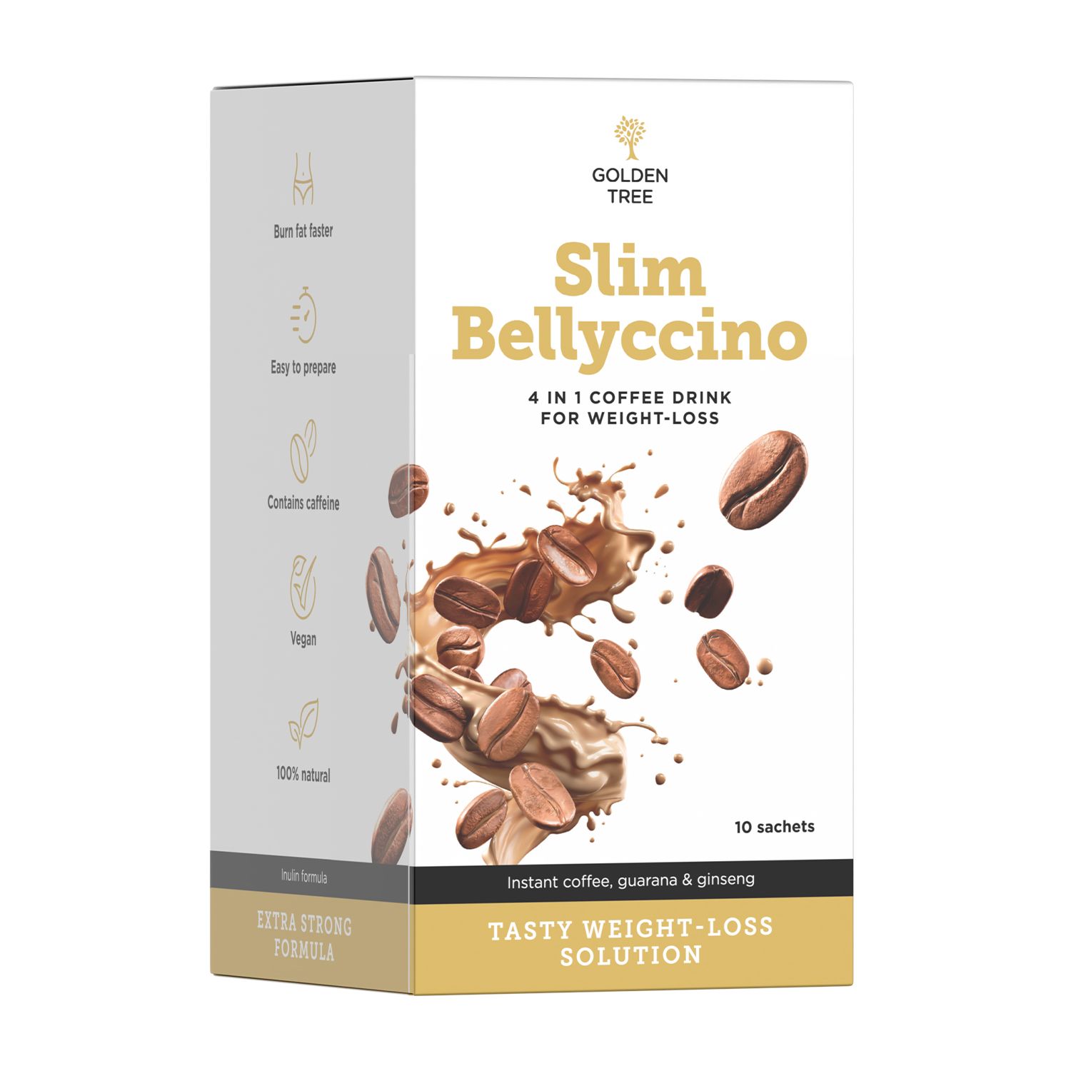 Golden Tree SlimBellyccino: 4-in-1 Kaffee-Getränk zur Gewichtsreduktion, 10 Beutel, extra stark.