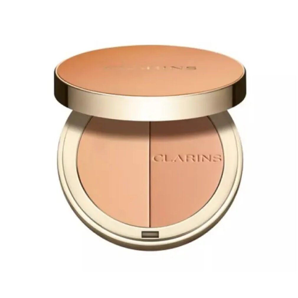 EVER BRONZE duo poudre bronzante 01. Runde, zweifarbige Puder-Kompakt-Make-up-Palette. Eine Seite ist heller, die andere dunkler.