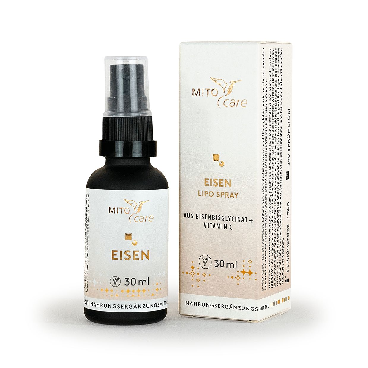MITOcare Eisen Lipo Spray, 30ml Flasche mit Pumpspender und Umverpackung.