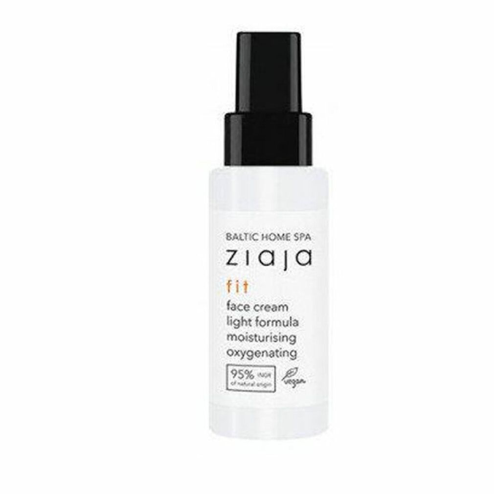Weiße Flasche mit schwarzem Sprühkopf. Aufschrift: ZIAJA fit face cream light formula. 95% Inhaltsstoffe natürlichen Ursprungs.