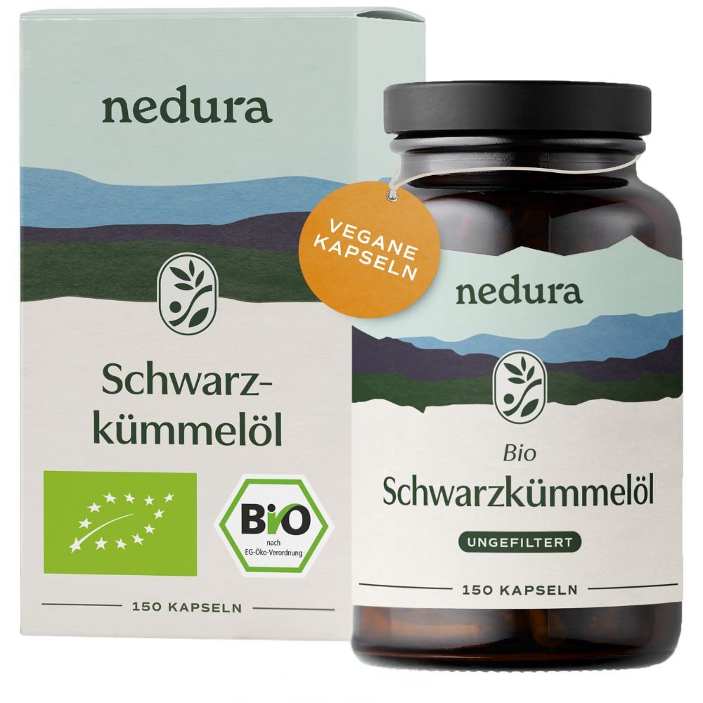 Produktverpackung und Flasche. Text: nedura Bio Schwarzkümmelöl. Vegan. Bio-Siegel.
