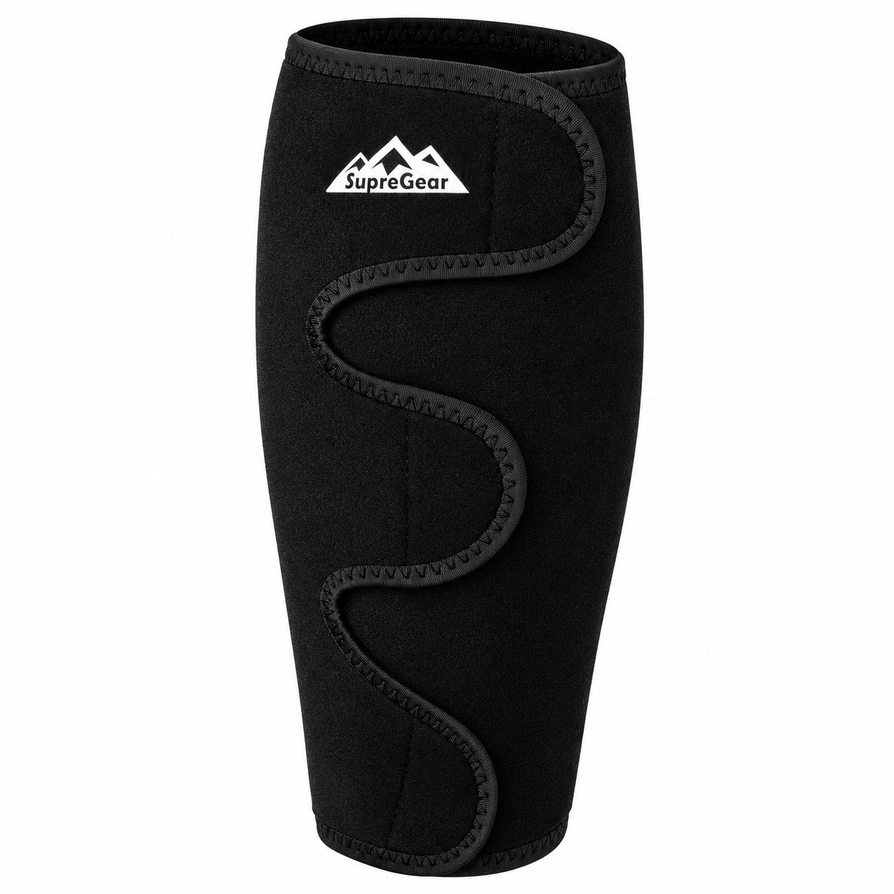 Schwarze Wadenbandage mit gewelltem Klettverschluss und Berglogo.
