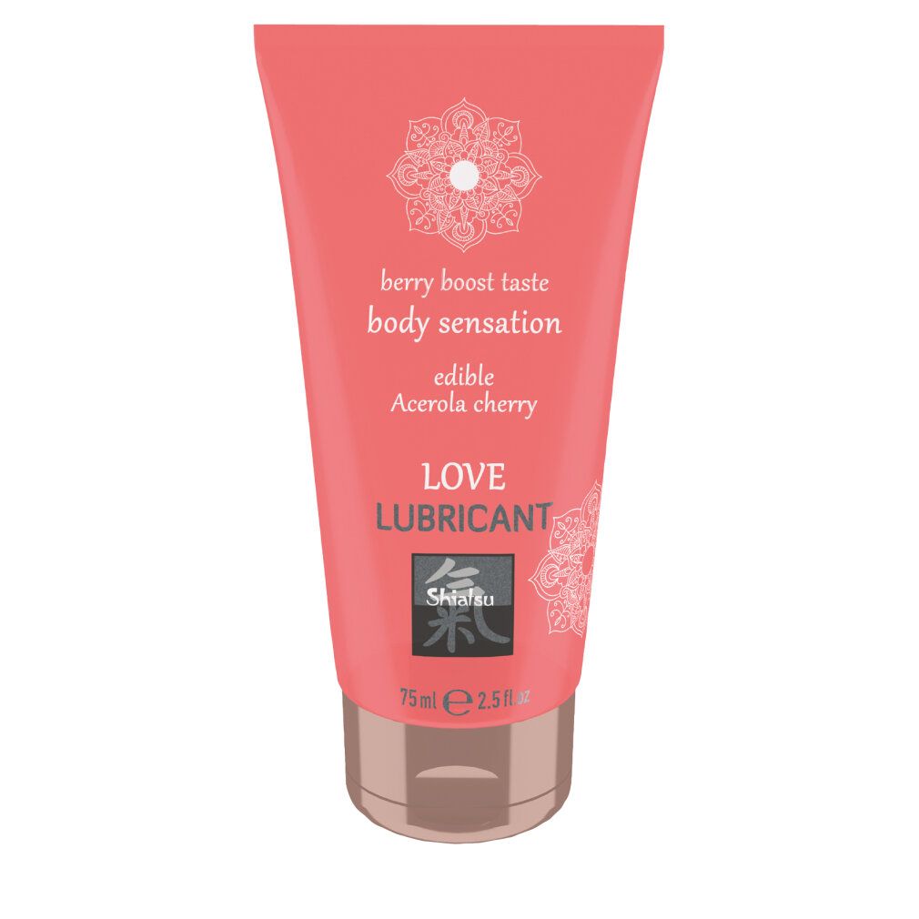 Rosa Tube mit weißer Schrift. Text: berry boost taste, body sensation, edible, Acerola cherry, LOVE LUBRICANT. Shiatsu Logo.