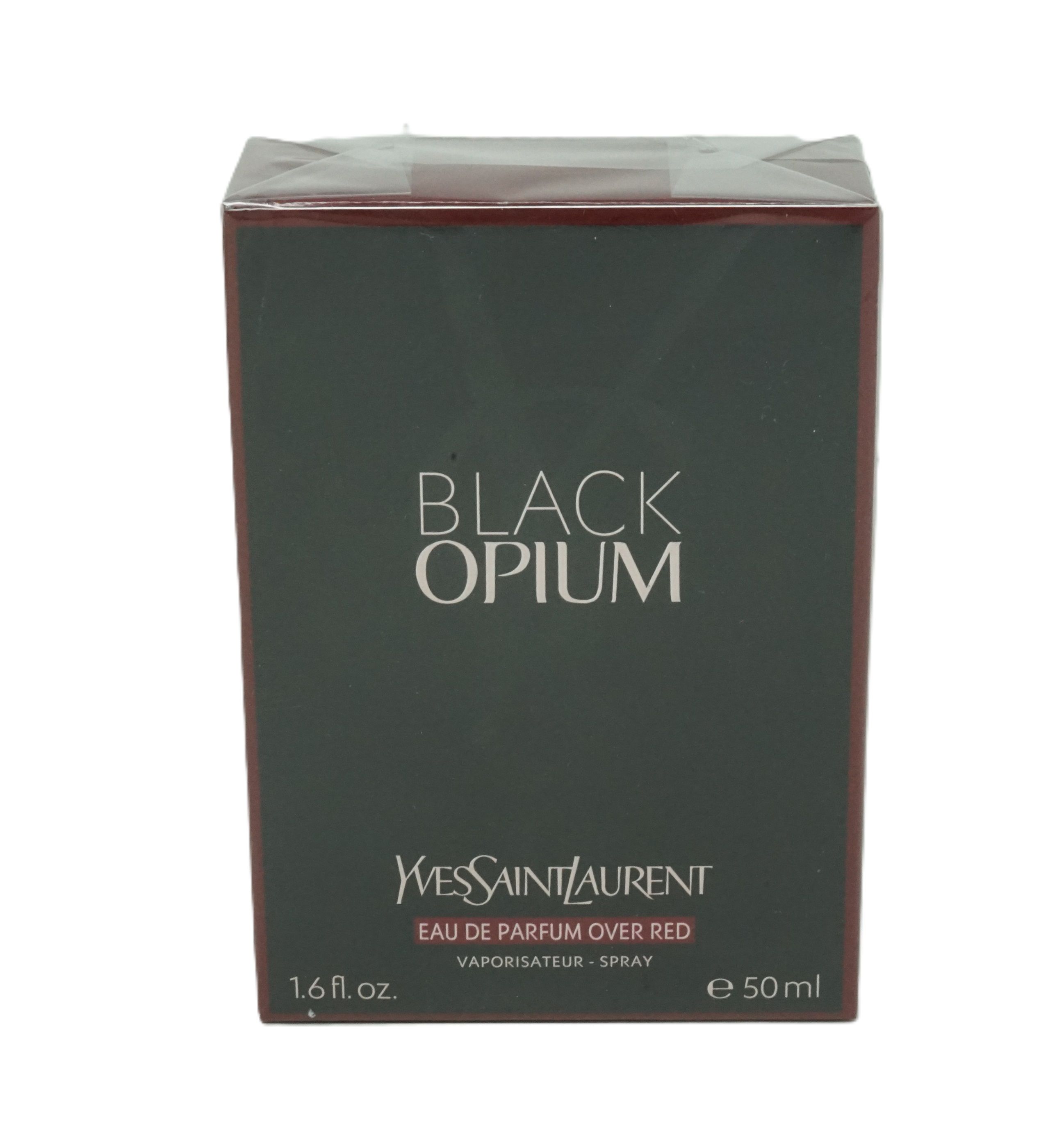 Schwarze Verpackung mit Aufschrift BLACK OPIUM und Yves Saint Laurent. Eau de Parfum Over Red, 50 ml.