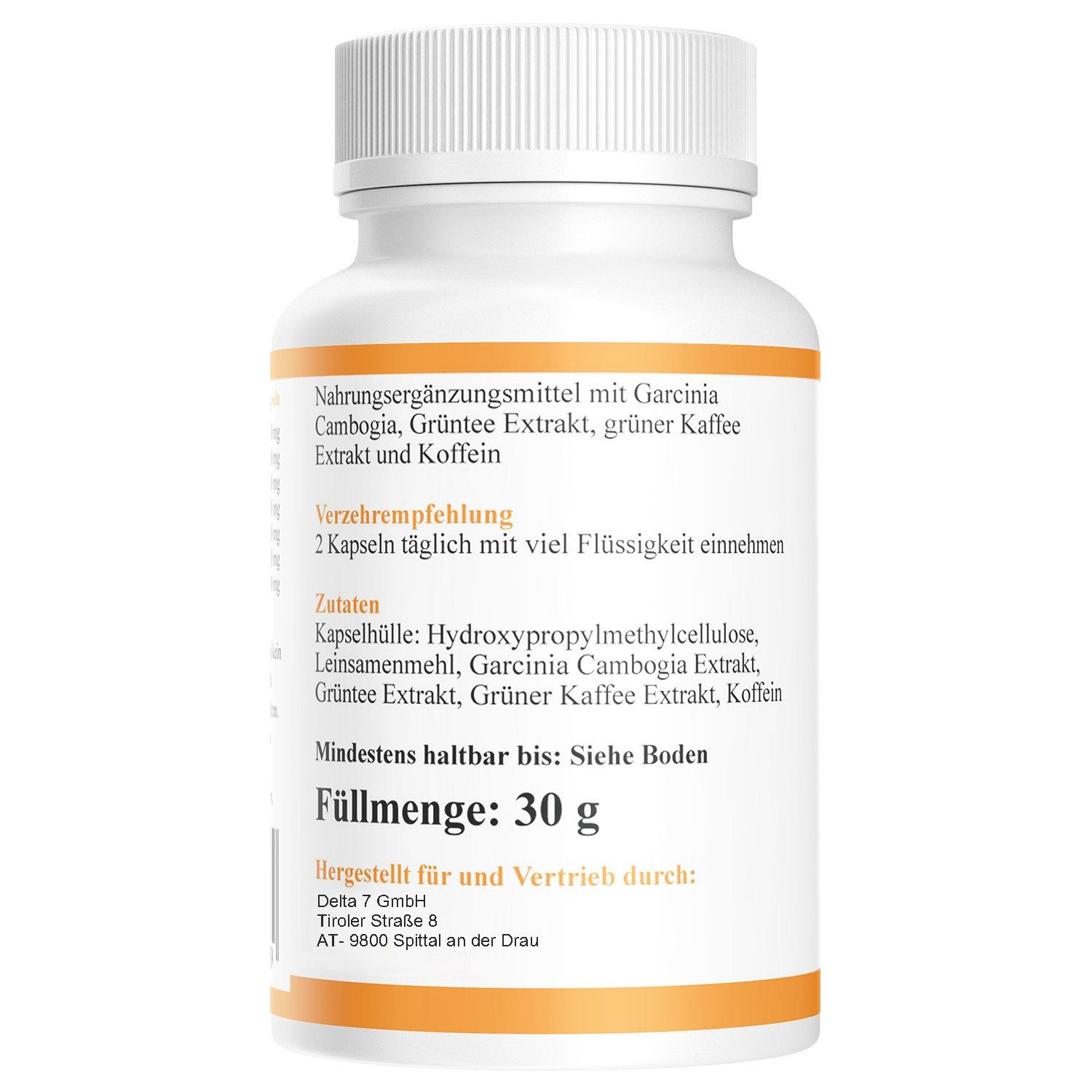 Rückseite einer weißen Flasche. Text: Nahrungsergänzungsmittel mit Garcinia Cambogia, Grüner Tee Extrakt, etc. Füllmenge: 30 g.