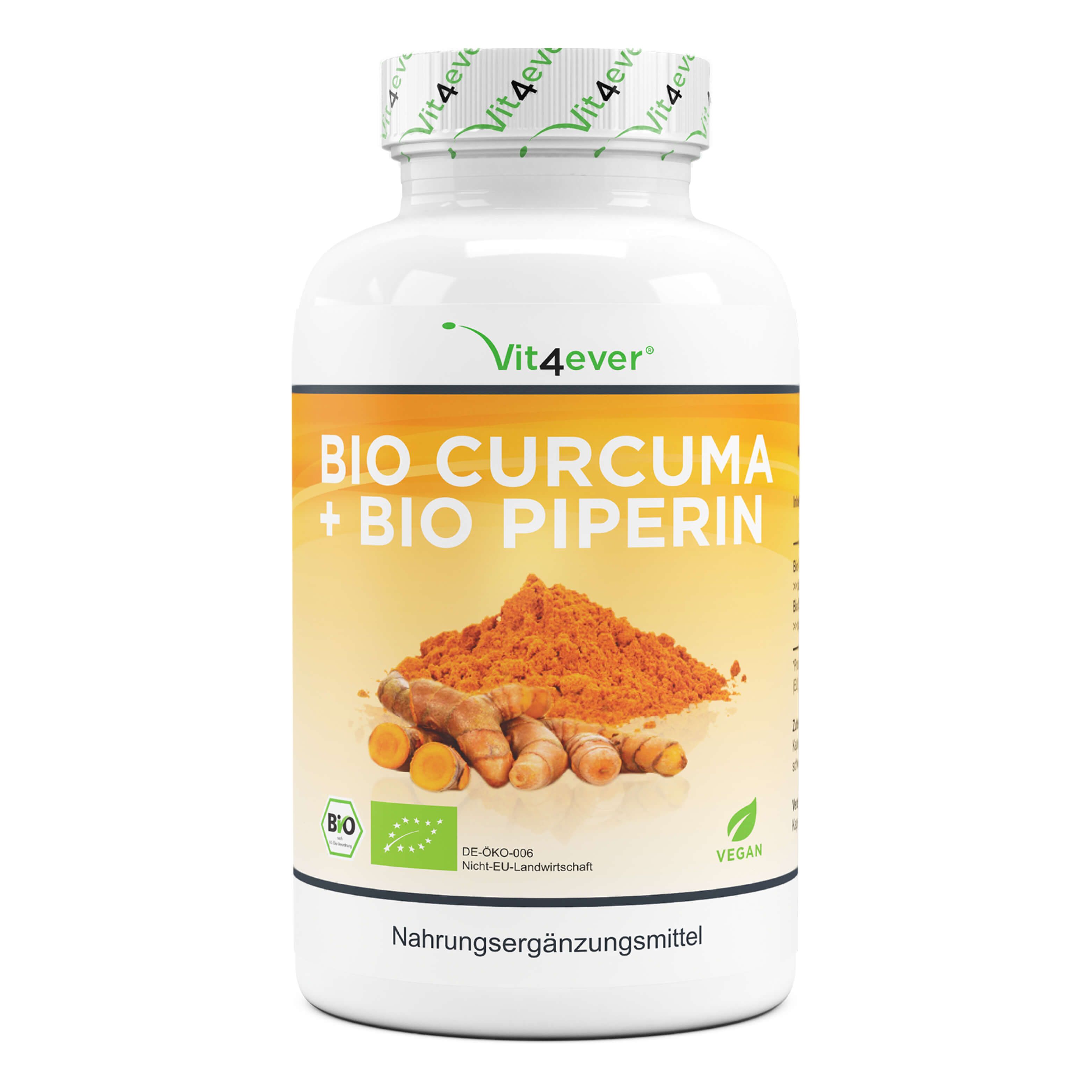 Weiße Flasche mit gelbem Etikett. Aufschrift: BIO CURCUMA + BIO PIPERIN. Bio-Siegel. Kurkuma-Pulver und Wurzeln.