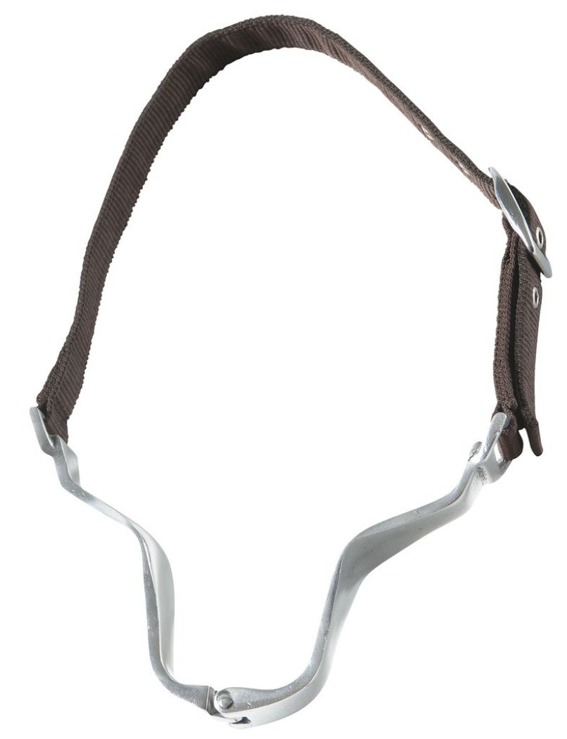 Metallgebiss mit braunem Stoffriemen. Das Gebiss hat eine gebogene Form und ist mit einem Riemen verbunden, der mit einer Schnalle befestigt ist.