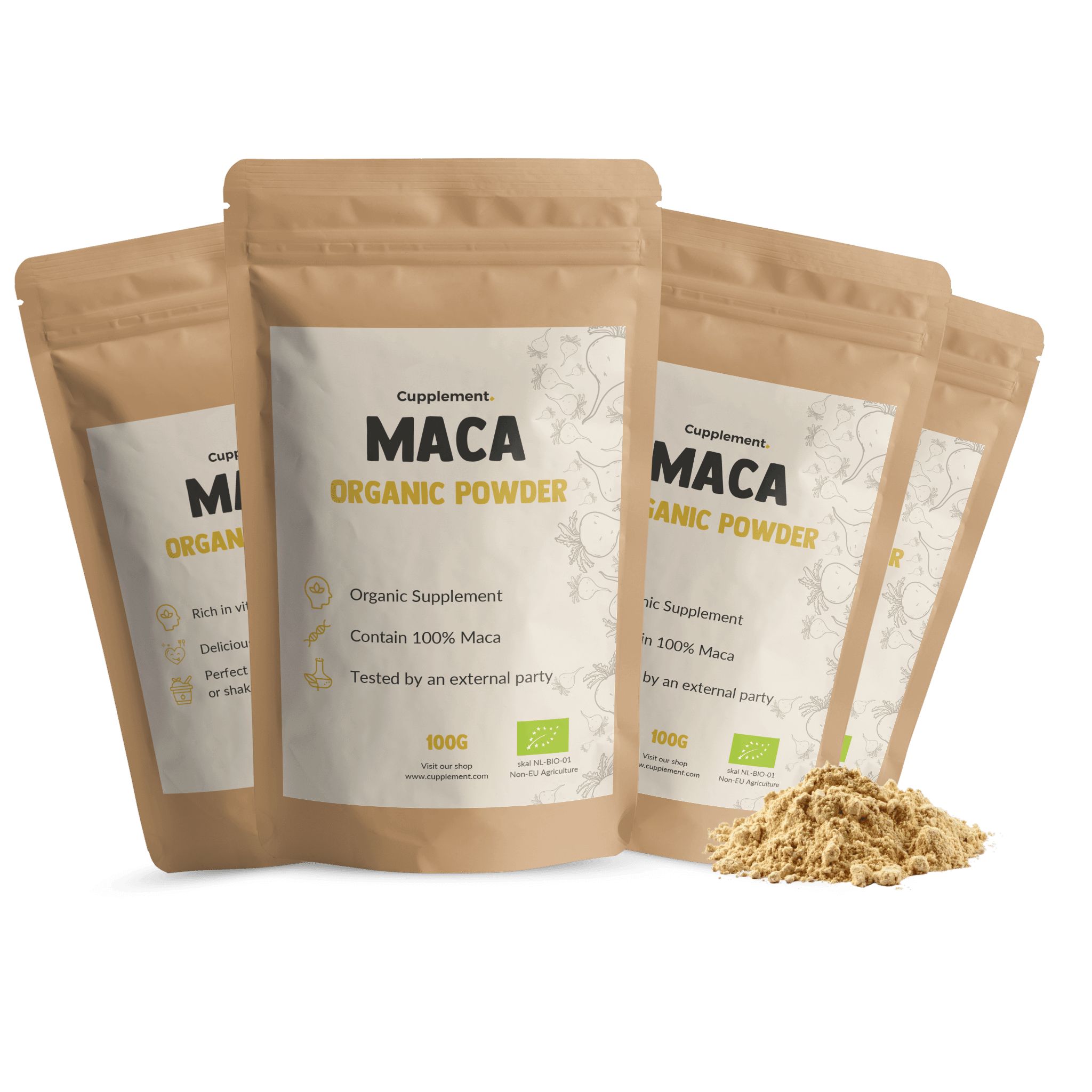 Mehrere Beutel Cupplement Maca BIO-Pulver. Braune Beutel mit weißem Etikett. 100g. Bio-Siegel.