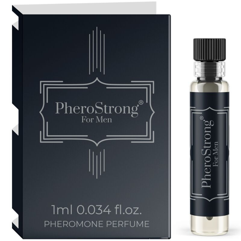 PheroStrong Pheromon Parfüm für Männer, 1ml Fläschchen und Schachtel.