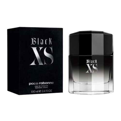 Schwarzer Karton und Flakon. Aufschrift "Black XS" und "paco rabanne". Flakon mit schwarzem Deckel und Farbverlauf.