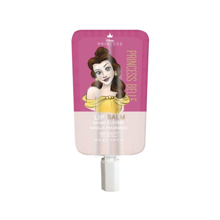Lippenbalsam-Verpackung mit Belle-Illustration. Rosa-weißes Design, Aufschrift "Princess Belle" und "Lip Balm".