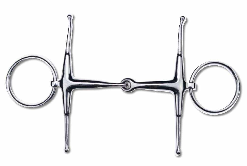 Metall-Knebeltrense mit Ringen und Gelenk. Glänzende Oberfläche, klare Formgebung. Für Pferde.