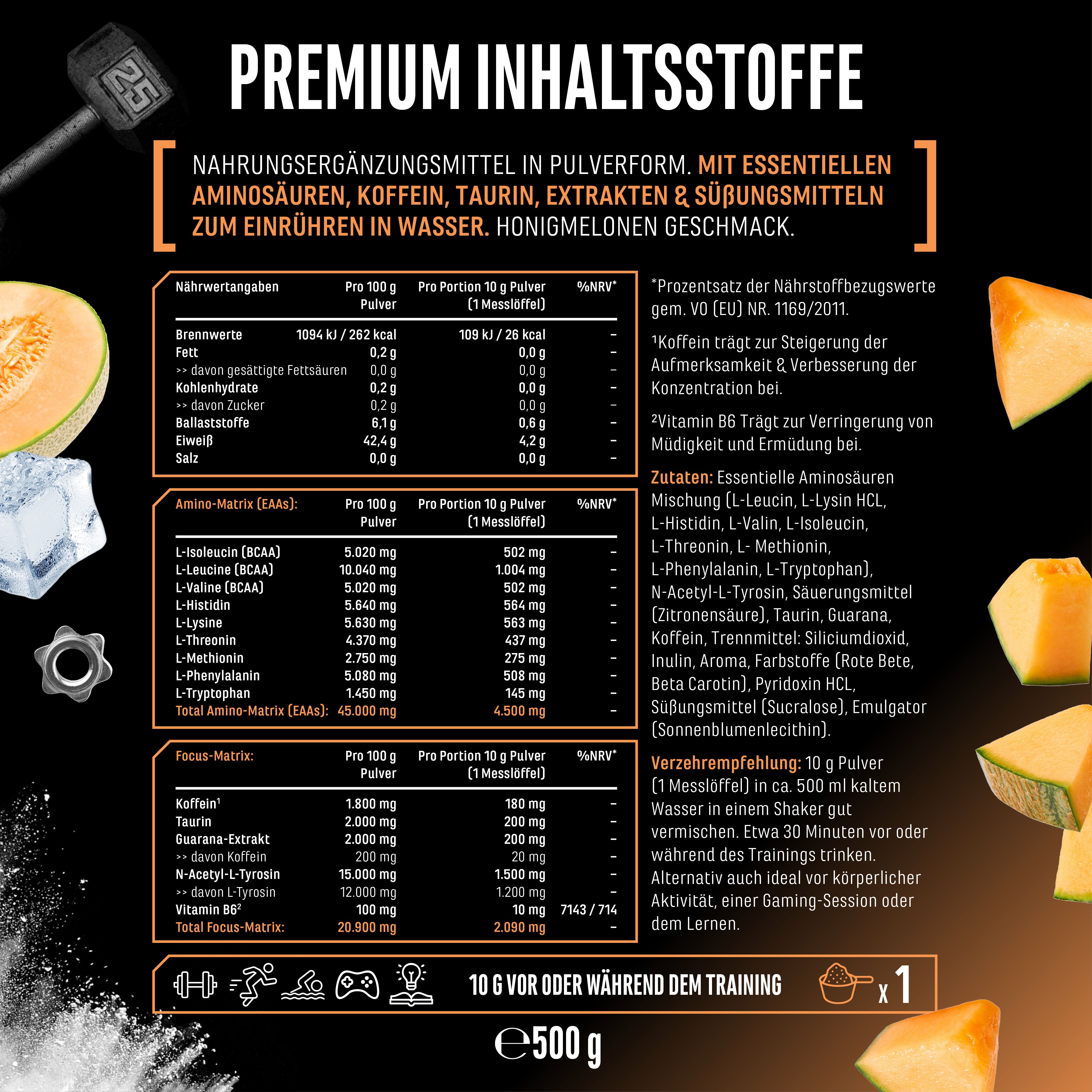 Infografik mit Nährwertangaben und Inhaltsstoffen von Energy EAA. Enthält Informationen zu Aminosäuren, Koffein, Taurin, Extrakten und Süßungsmitteln.