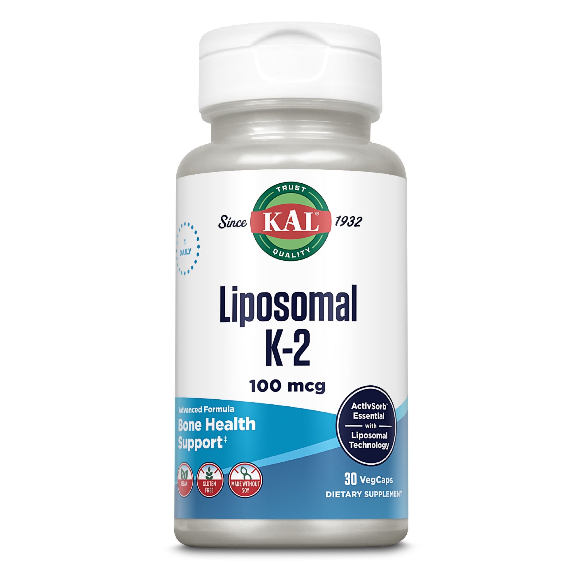 Eine Flasche KAL Liposomales K-2 100 mcg. Aufschrift: Bone Health Support, 30 VegCaps. Mit ActivSorb Essential und Liposomale Technologie.